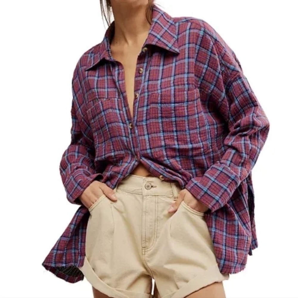 Free people cardiff  plaid top purple combo button up jacket shirt size medium